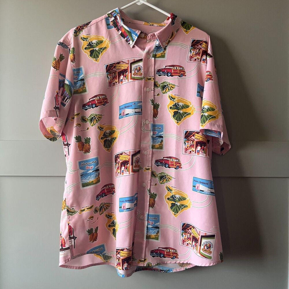Cotton & Co Men Pink Short‎ Sleeve Hawaiian Shirt Aloha Map Landmarks Oahu Sz XL